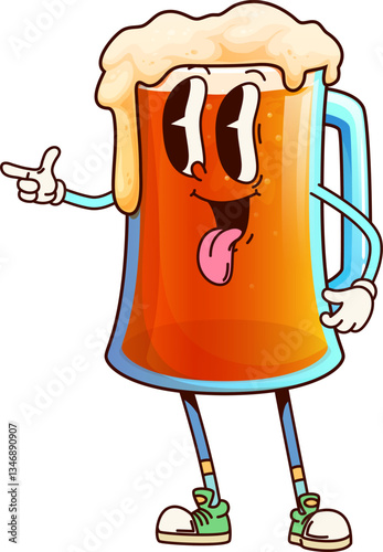 Beer tankard drink groovy character. Pub ale mug cheerful vintage funky vector character, bar alcohol drink tankard or craft brewery beer glass cup groovy personage. Oktoberfest ale mug happy mascot