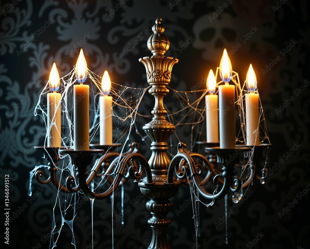 Fototapeta premium A gothic candelabra with lit candles and spider webs, set against a dark, ornate background, creating a haunting atmosphere.