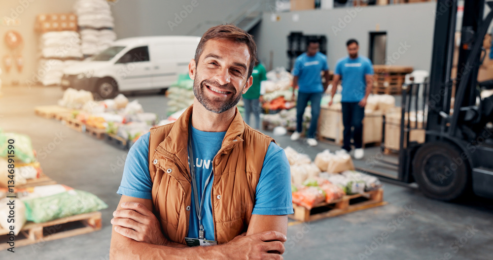 Obraz premium Portrait, volunteer and man with arms crossed, food distribution center and confidence. Face, people and charity workers with NGO project, kindness and social responsibility with community fundraiser