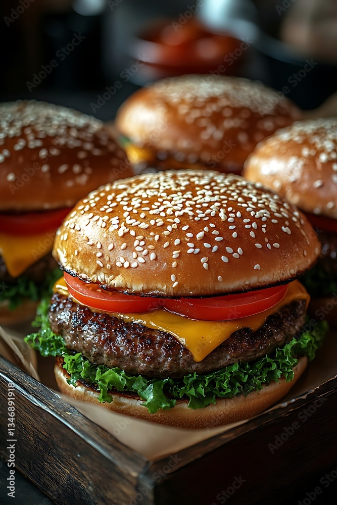Delicious cheeseburgers stacked with fresh ingredients on a wooden platter Delicious cheeseburgers stacked with fresh ingredients on a wooden platter