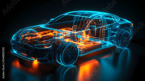 Electric Vehicle Blueprint: Futuristic car blueprint, revealing its inner mechanics, electrical system and engineering ingenuity. A neon-lit display, perfect for automotive and technological designs.
