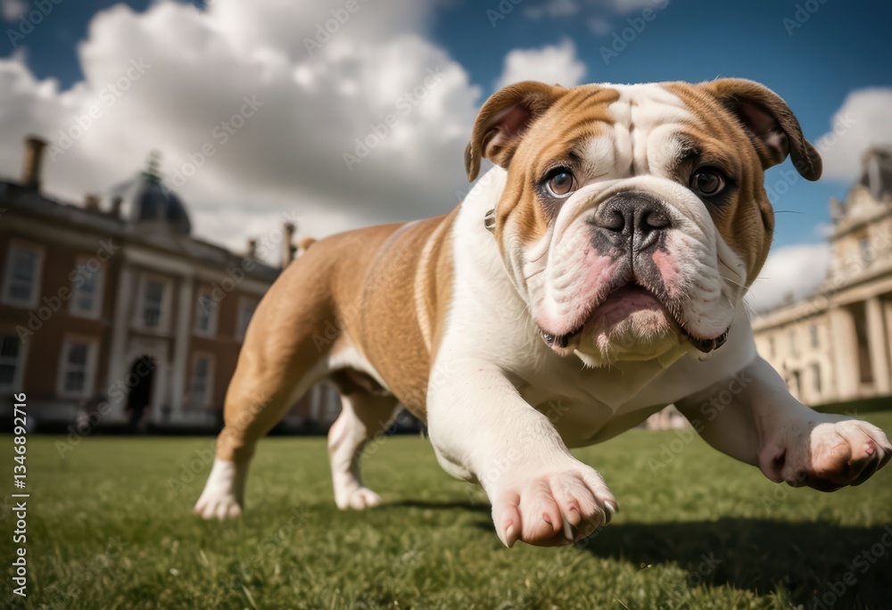 english bulldog running on the road of london city, purebred dog playing outdoors on the road of a modern town, adoroble pedigreed puppy in a contemporary metropolis english bulldog running on the road of london city, purebred dog playing outdoors on the road of a modern town, adoroble pedigreed puppy in a contemporary metropolis
