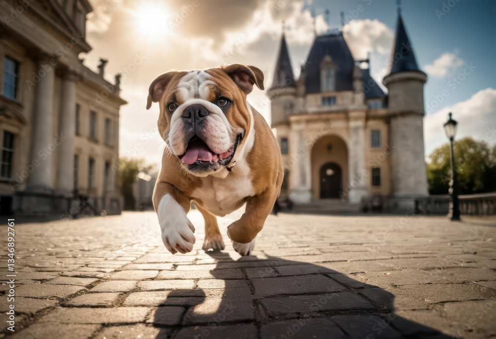 Obraz premium english bulldog running on the road of london city, purebred dog playing outdoors on the road of a modern town, adoroble pedigreed puppy in a contemporary metropolis