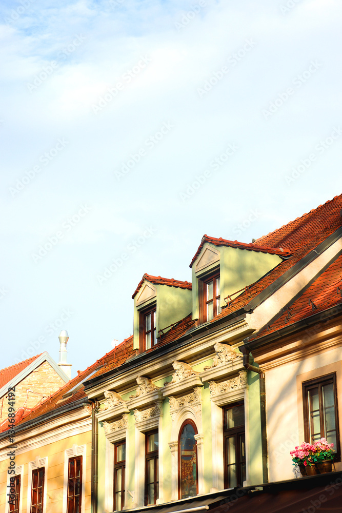 Colorful historic buildings in central Zagreb, Croatia.