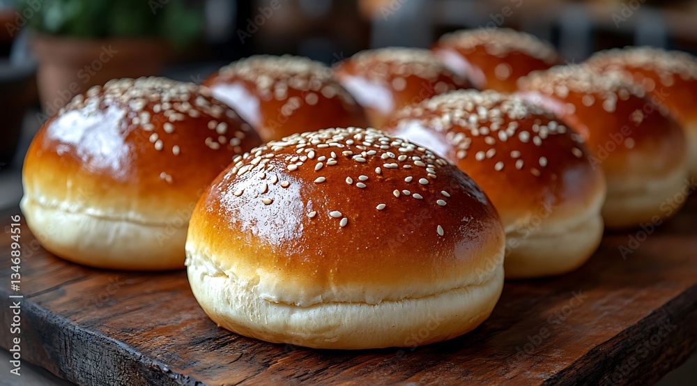 Freshly baked sesame buns displayed on a wooden serving board in a cozy bakery setting Freshly baked sesame buns displayed on a wooden serving board in a cozy bakery setting