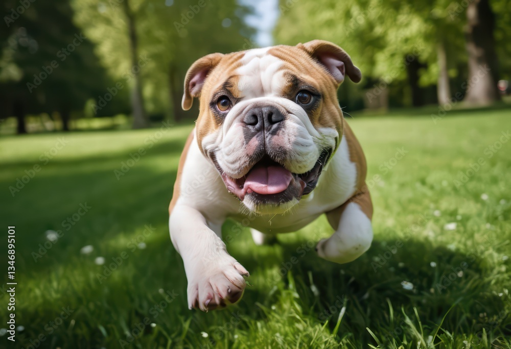 english bulldog running on green grass of a park, dog playong outdoors in the countryside, english bulldog running on green grass of a park, dog playong outdoors in the countryside,