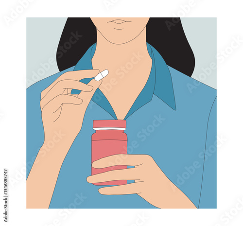Woman Taking Medicine. Healthcare & Wellness Illustration. Close-Up of Woman Taking Medicine. Healthcare Illustration.