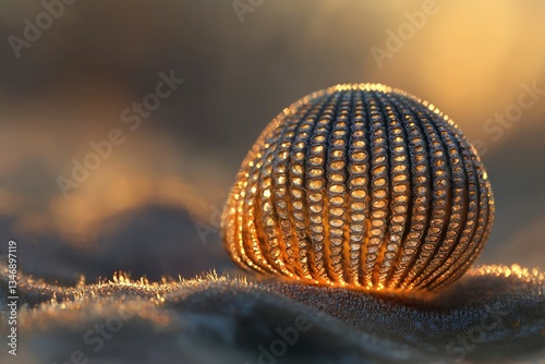 Golden sea urchin shell bathed in sunrise light, intricate details visible.