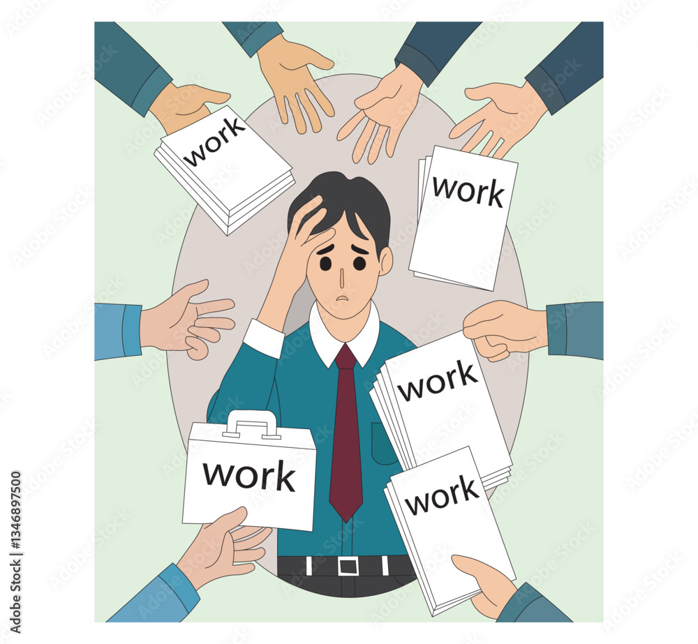 Overworked Employee Surrounded by Tasks. Workplace Stress Illustration. Overworked Employee Surrounded by Tasks. Workplace Stress Illustration.