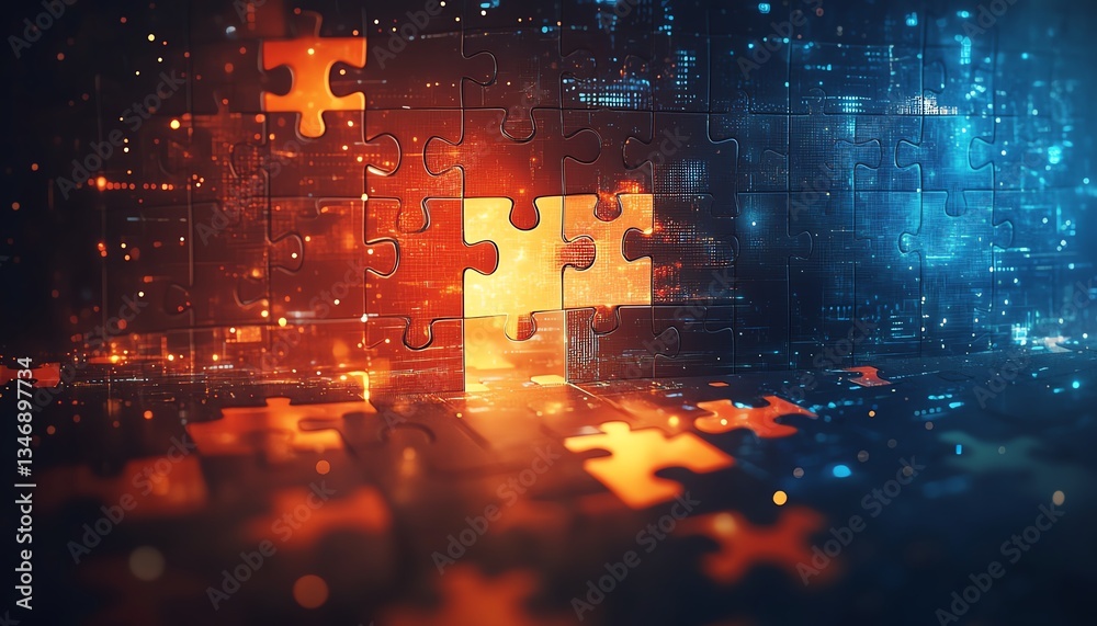 Obraz premium Digital representation of AI integration with interlocking puzzle pieces against a futuristic techinspired abstract background, symbolizing connectivity