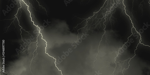 Mountainous Cumulus Clouds Boiling in the Summer Sky. White cloudiness, mist or smog overlay backgrounds. Wide sky and clouds dark tone. Dark cloud at evening sky with thunder bolt.
