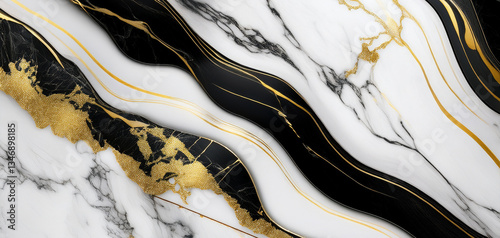 Abstract marble texture background of white, black and gold liquid waves. Stone luxury marble background.