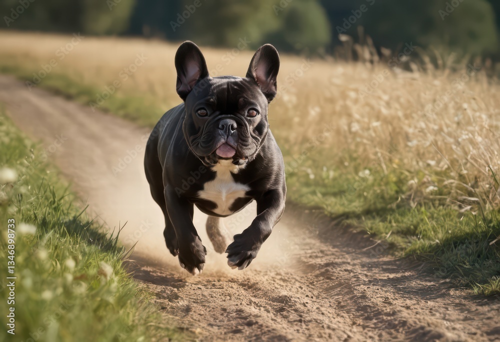 french bulldog running on the countryside, dog playing outdoors in the wild meadown french bulldog running on the countryside, dog playing outdoors in the wild meadown