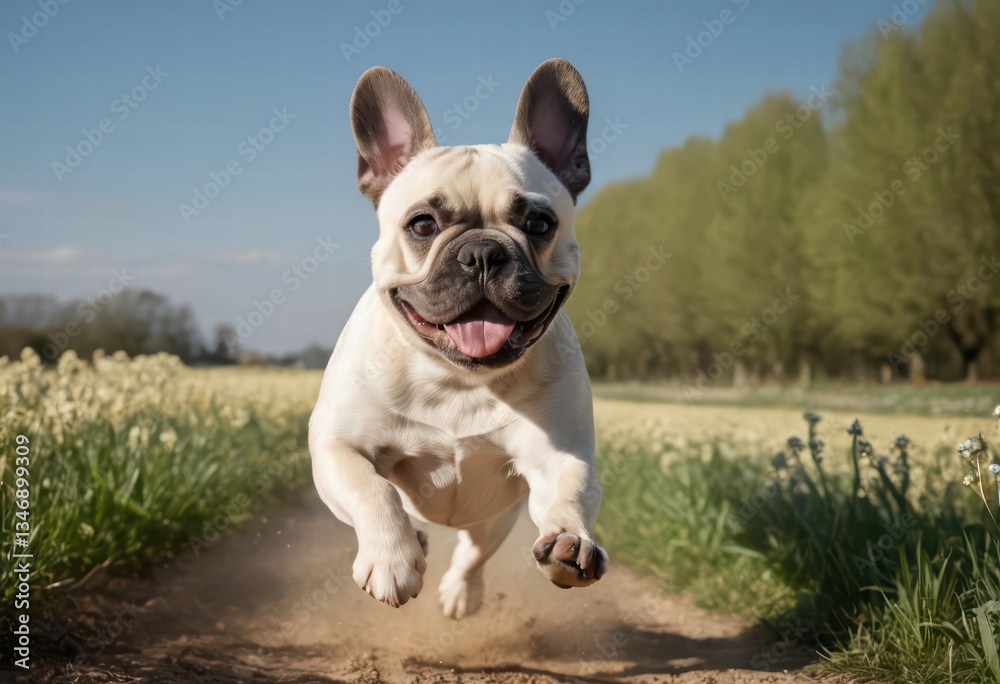 Fototapeta premium french bulldog running on the countryside, dog playing outdoors in the wild meadown