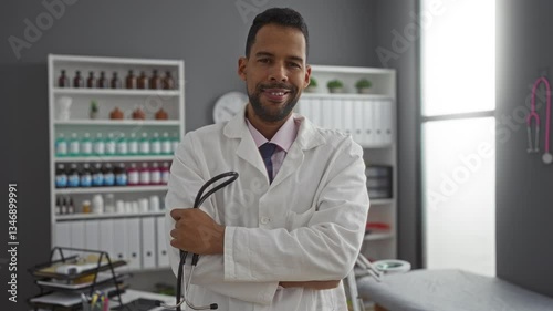 Wallpaper Mural Young doctor with stethoscope in clinic room wearing white coat standing confidently displaying professionalism and medical expertise in a well-organized healthcare setting. Torontodigital.ca