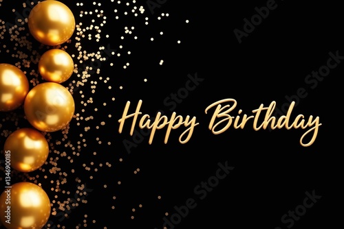 happy birthday card with gold balloons and confetti