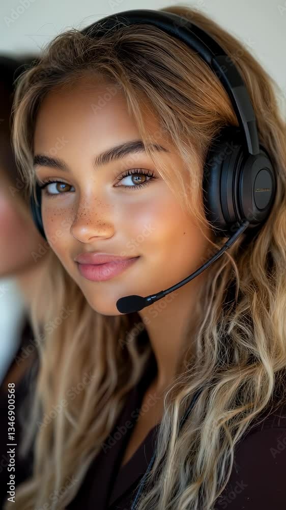 Young woman with headset smiling while engaging in conversation during a lively virtual meeting at a modern workplace Young woman with headset smiling while engaging in conversation during a lively virtual meeting at a modern workplace