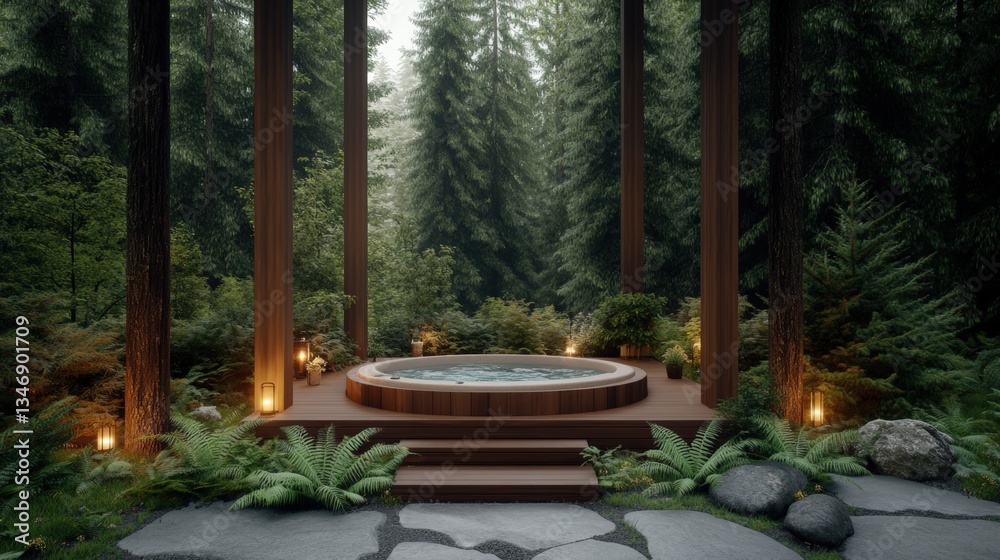 Serene Forest Retreat Patio with Built-In Hot Tub Surrounded by Lush Greenery Captured in Stunning Photorealistic 3-Giixel High-Fidelity Rende Serene Forest Retreat Patio with Built-In Hot Tub Surrounded by Lush Greenery Captured in Stunning Photorealistic 3-Giixel High-Fidelity Rende