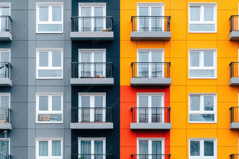 Fototapeta premium A vibrant facade featuring a mix of gray, orange, and yellow apartment balconies, showcasing modern architectural design and urban living.
