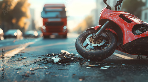 The aftermath: Accident scene with a motorcycle on the road. Debris and wreckage from a motorcycle accident on the road. A sobering image that will draw empathy and evoke thought for the victims 