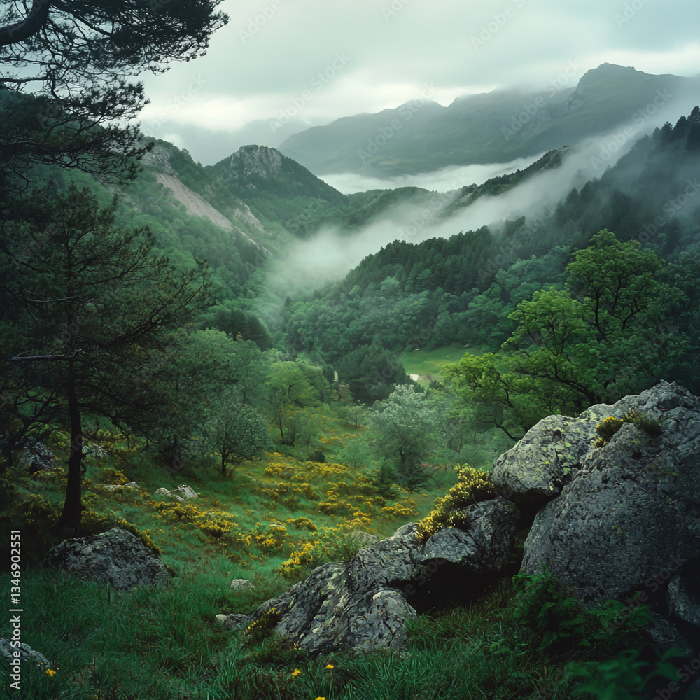 Obraz premium Photograph of a lush green valley with trees and rocks shrouded in fog, with mountains in the background.