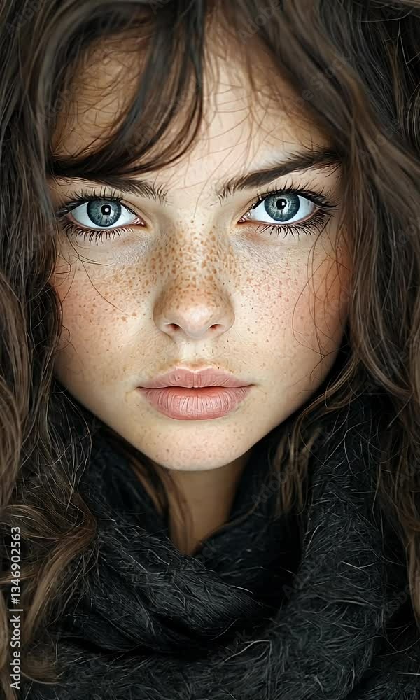 Close-up portrait of a woman with striking blue eyes and freckles, wrapped in a soft, dark scarf