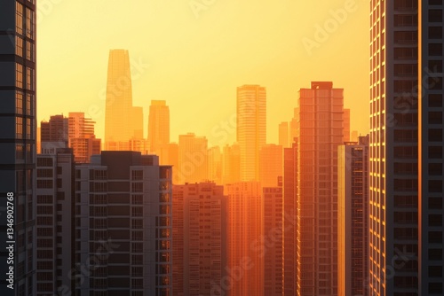 A stunning city skyline illuminated by a warm sunset, showcasing towering buildings that create a dramatic silhouette against the vibrant sky.