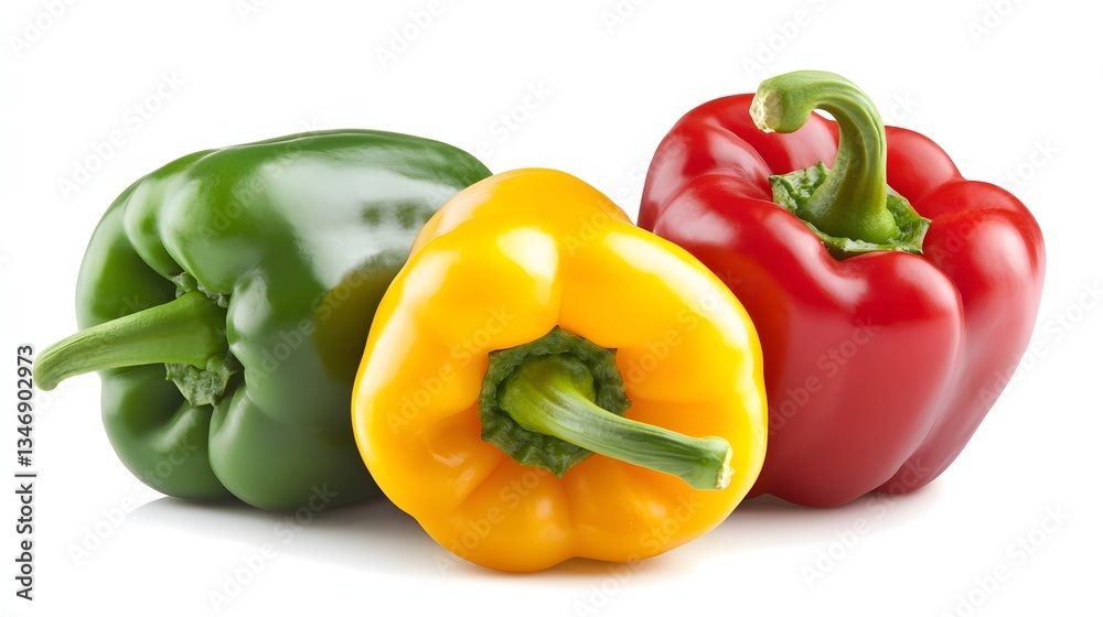 Fresh Green Yellow and Red Bell Peppers Isolated on White Background in High Detail Fresh Green Yellow and Red Bell Peppers Isolated on White Background in High Detail