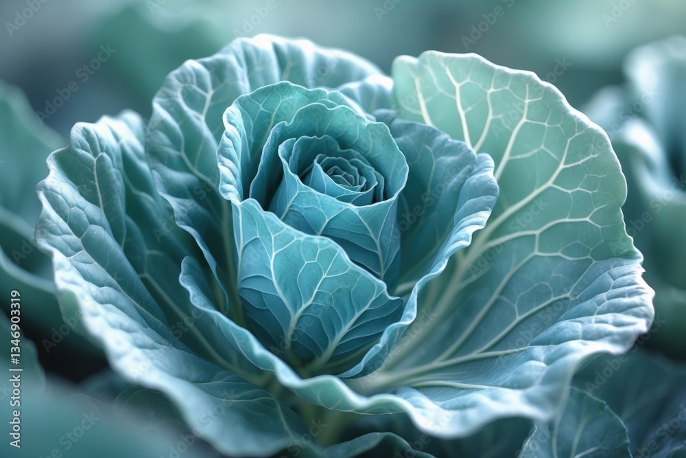 Fototapeta premium Close-up view of a fresh green cabbage with intricate leaf patterns and dew drops gently glistening under soft lighting