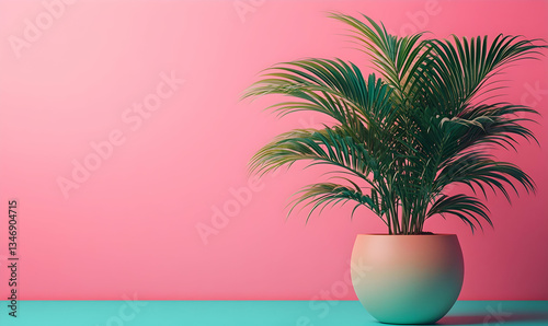 Pink wall, potted palm, teal surface. Minimalist home decor