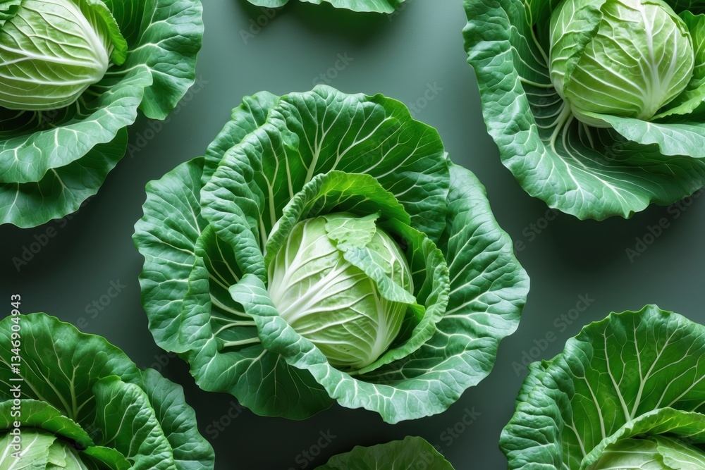 Fototapeta premium Fresh green cabbages arranged symmetrically on a muted green background, showcasing their vibrant leaves and intricate patterns
