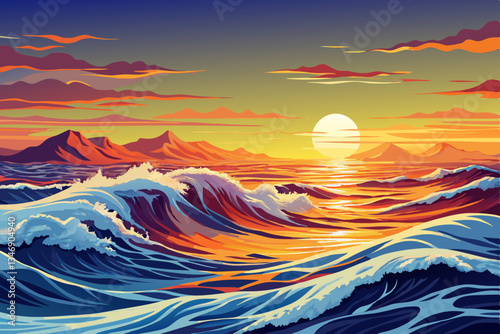 sea waves at sunset time with beautiful sky and clouds cartoon, ocean wallpaper
