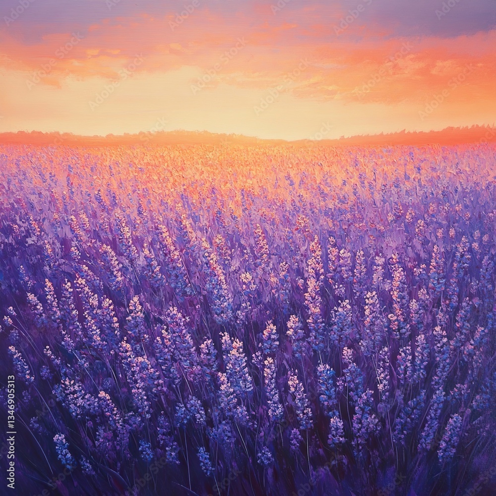Obraz premium Exploring the beauty of a field of lavender flowers glowing in the radiant orange and purple hues of the setting sun. from another angle.
