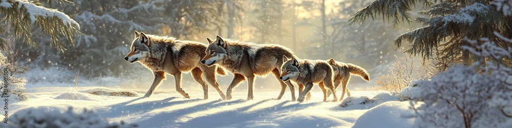 Obraz premium A family of wolves walking in the snow-covered wilderness, their fur shimmering under the winter sunlight.