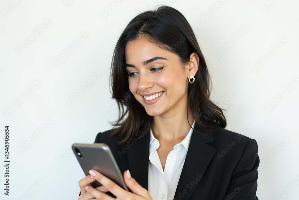 A young, attractive businesswoman in a black suit smiles confidently while holding a smartphone. She projects success and professionalism. A young, attractive businesswoman in a black suit smiles confidently while holding a smartphone. She projects success and professionalism.