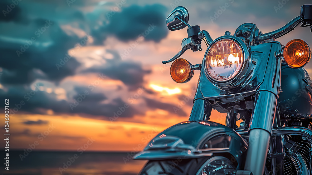 Naklejka premium Chrome Motorcycle Silhouette: A classic motorcycle basks in the golden hour, its gleaming chrome reflecting the fiery hues of the setting sun.