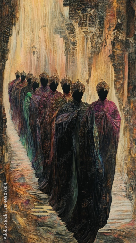 Naklejka premium Monks walking in a solemn processional path.