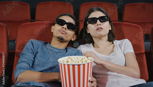 Movie Night: A young couple sits in a darkened cinema, engrossed in a movie while wearing 3D glasses and munching on popcorn