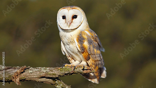 Majestic Barn Owl Perched: A striking barn owl with heart-shaped face and captivating gaze perches regally on a weathered branch, against a backdrop of soft, unfocused natural surroundings.