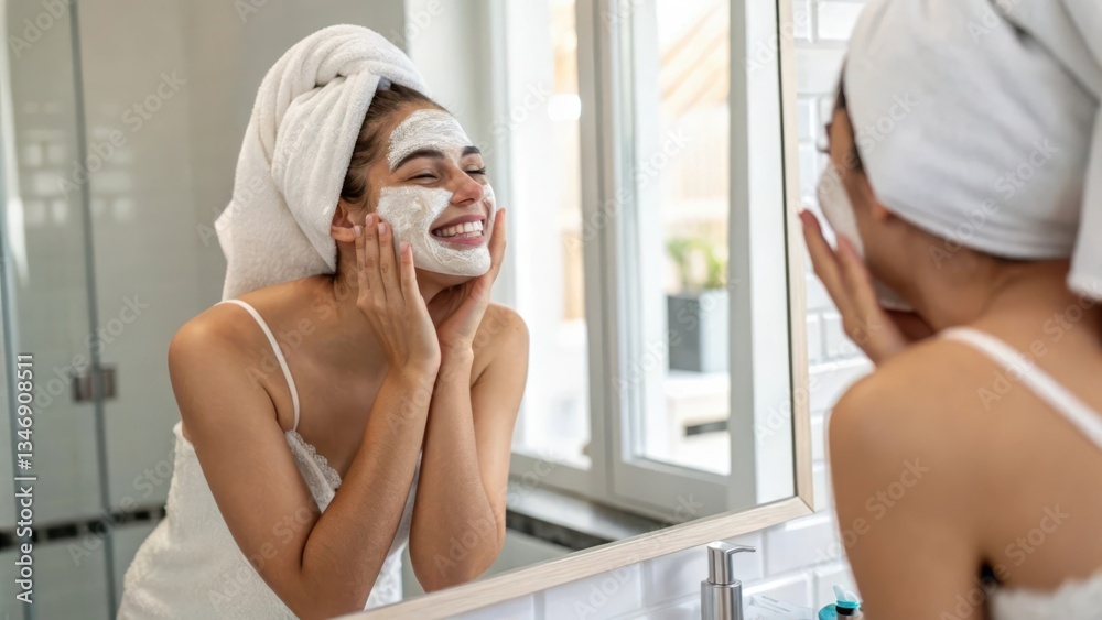 A Joyful Morning Routine: Woman Enjoying a Facial Treatment in a Bright Bathroom Space A Joyful Morning Routine: Woman Enjoying a Facial Treatment in a Bright Bathroom Space