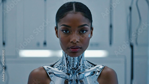 Sleek Android: A mesmerizing portrayal of a humanoid robot, its metallic form a captivating blend of technology and humanity, staring boldly. 