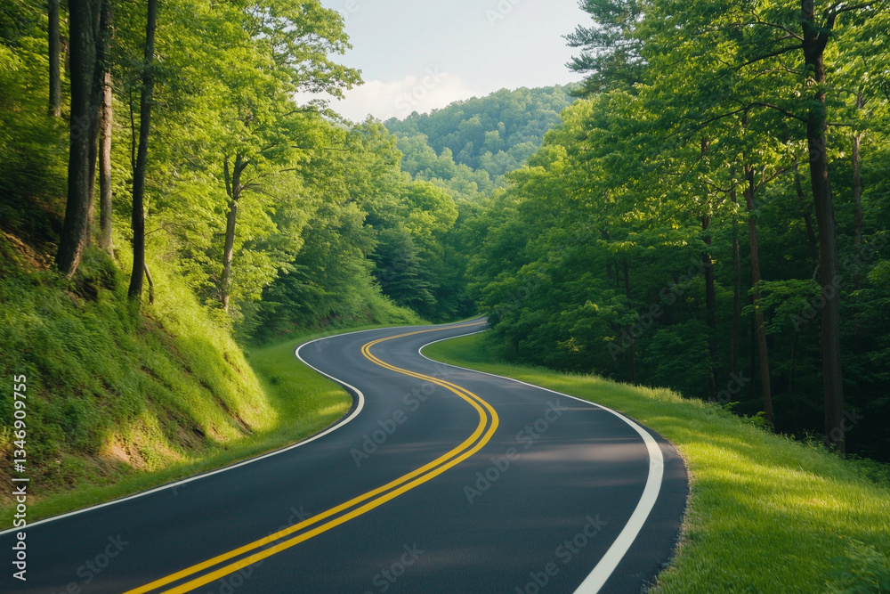 Fototapeta premium Curving road through lush green forest with yellow road lines in the daylight