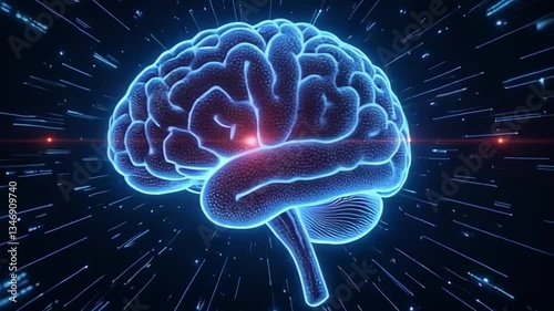 Futuristic Neon Brain with Light Trails in Space Concept Illustration