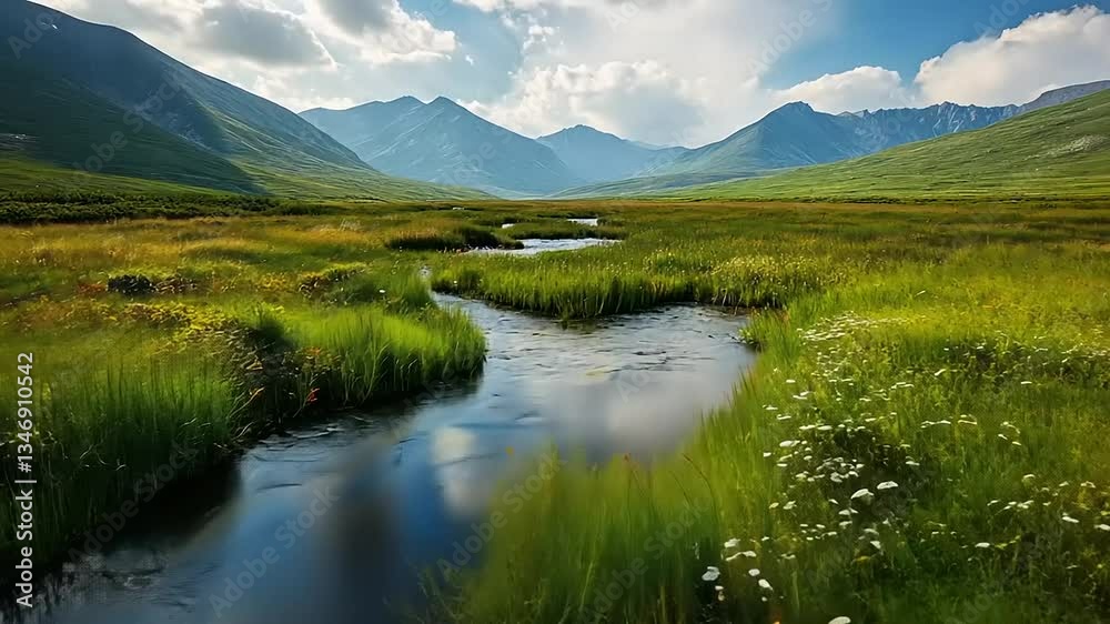 Serene Mountain Stream: A Meadow's Gentle Embrace Serene Mountain Stream: A Meadow's Gentle Embrace
