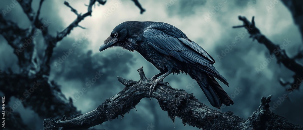 Fototapeta premium Raven perched ominously on twisted branch