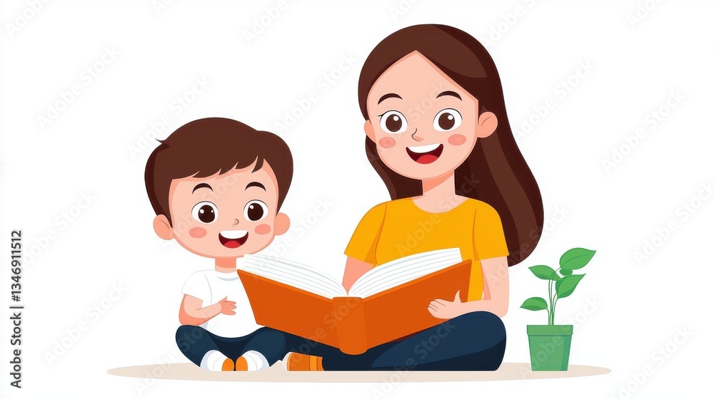 Happy Mom Reading Book to Son, Childrens Illustration Happy Mom Reading Book to Son, Childrens Illustration