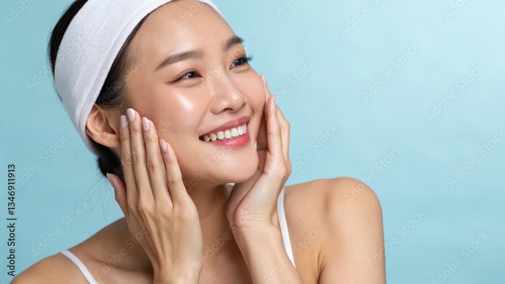 Radiant Portrait of a Young Woman Enjoying Skincare Routine against a Soft Blue Background Radiant Portrait of a Young Woman Enjoying Skincare Routine against a Soft Blue Background