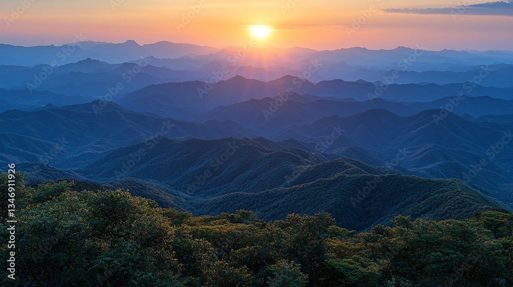 Mountain Sunrise View Over Misty Ranges Mountain Sunrise View Over Misty Ranges