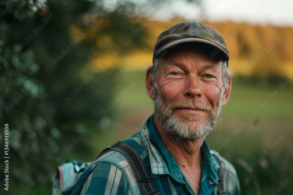 Smiling portrait of a middle aged Caucasian male farmer on his outdoor farm field in the countryside
