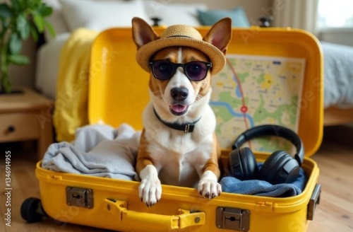 Stylish dog sitting in an open yellow suitcase, ready for a travel and adventure, with travel items like headphones, a map, folded clothes, and sunglasses.